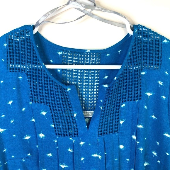 Daniel Rainn turquoise teal cap sleeve v neck crochet detail pullover blouse MP - Picture 2 of 11